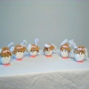 Set of wooden Easter egg bunnies Rabbit decoration